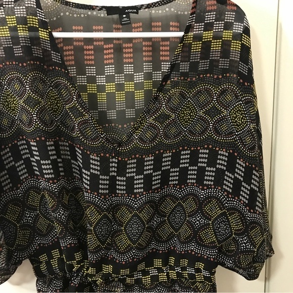 Aqua abstract print black sheet peplum kimono sleeve top size Medium - Picture 6 of 9